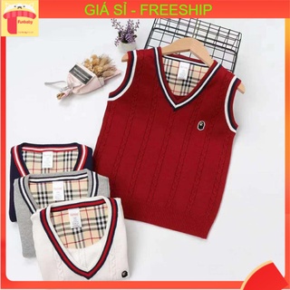 Áo gile len bé trai, Gile len cho bé size đại 8-16 tuổi cổ tim viền kẻ thêu logo N phong cách Hàn Quốc sợi không bai xù