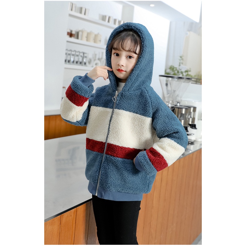 Áo khoác len dày IQ ANGEL ấm áp thời trang phối màu tương phản cho bé gái