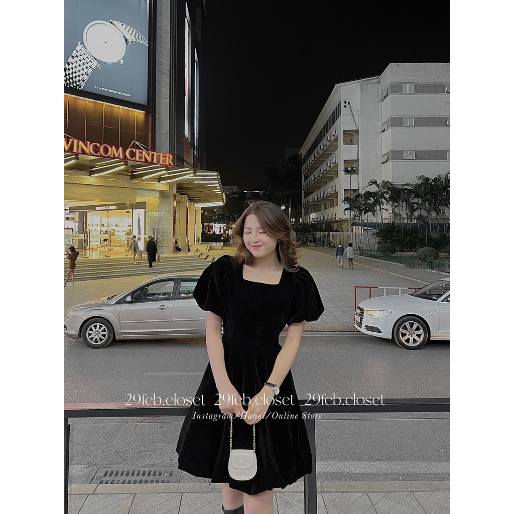 [Ảnh thật/Video] Váy nhung 2 lớp cổ vuông dáng bồng tiểu thư- 29feb.closet | BigBuy360 - bigbuy360.vn
