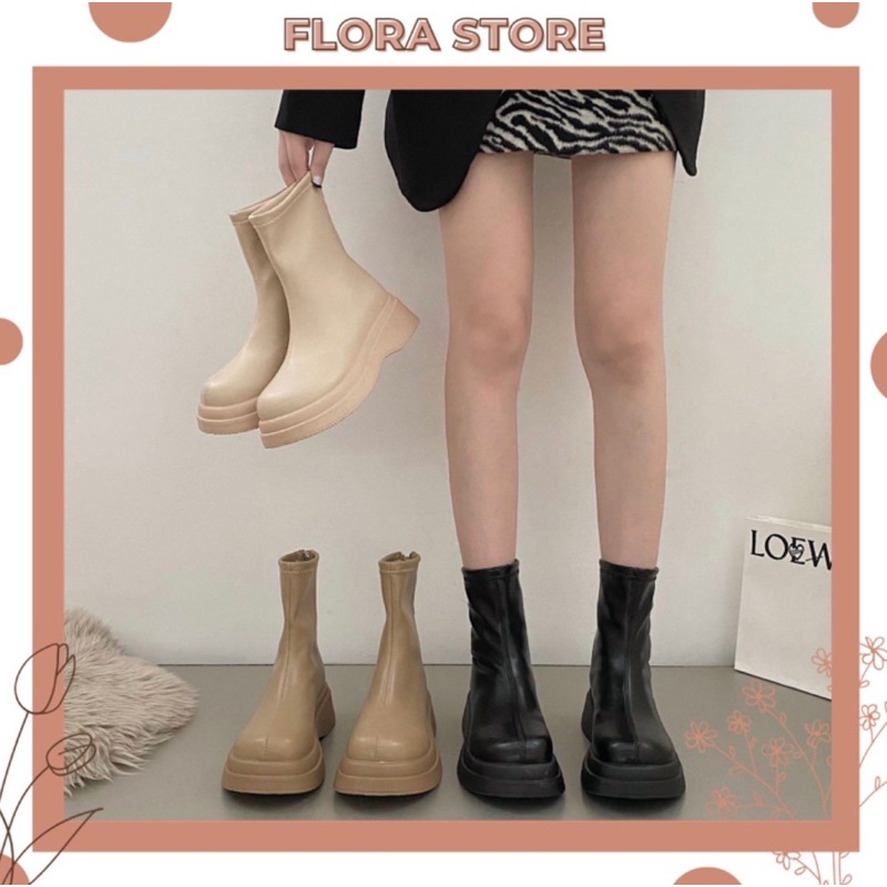 Giày Bốt Nữ Cao Cổ nữ Ulzzang Kéo Khóa  Cá Tính Thời Trang Nâng Đế Cao 4cm Mới màu đen kem nâu FLORA G35