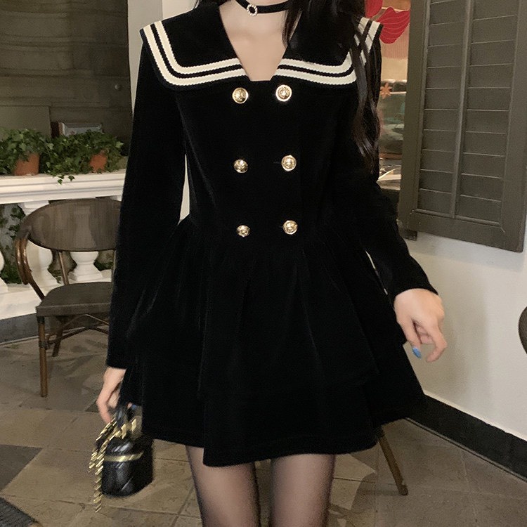 [Hàng Shop]: Váy Nhung 2 Tầng Dáng Xoè Cổ Bẻ Khuy Đồng Tay Dài