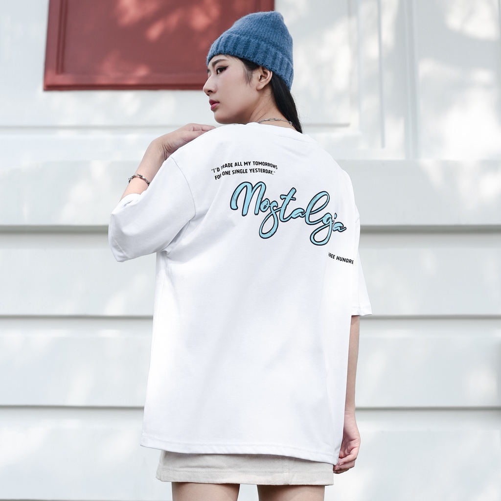 Áo Thun Màu Trắng In Chữ Nostalgia Màu Xanh Chất Liệu 100% Cotton Form Rộng Thoải Mái Unisex Nam Nữ