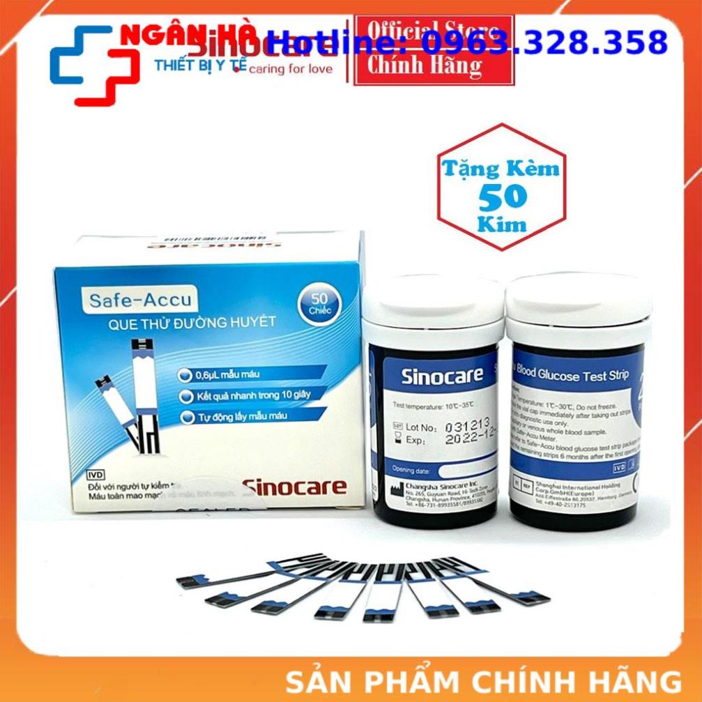 Que thử đường huyết hộp 50 que safe accu, tặng kèm 50 kim chính hãng SINOCARE, độ chính xác cực cao