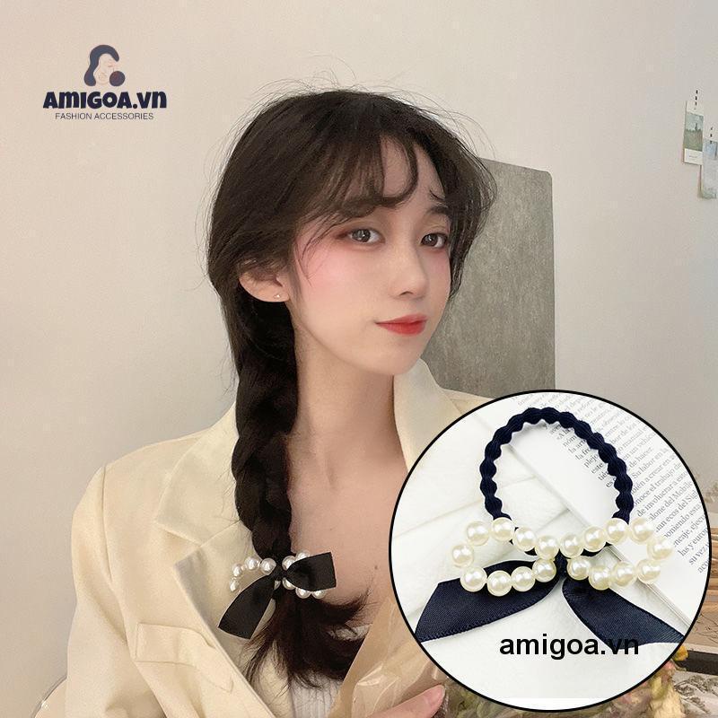 Dây Buộc Tóc Cao Su Co Giãn Thắt Nơ Đính Ngọc Trai Xinh Xắn Cho Nữ