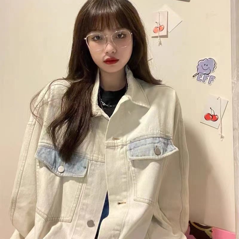 Áo Khoác Denim Dáng Rộng Phối Túi Thời Trang Thu Đông Cho Nữ