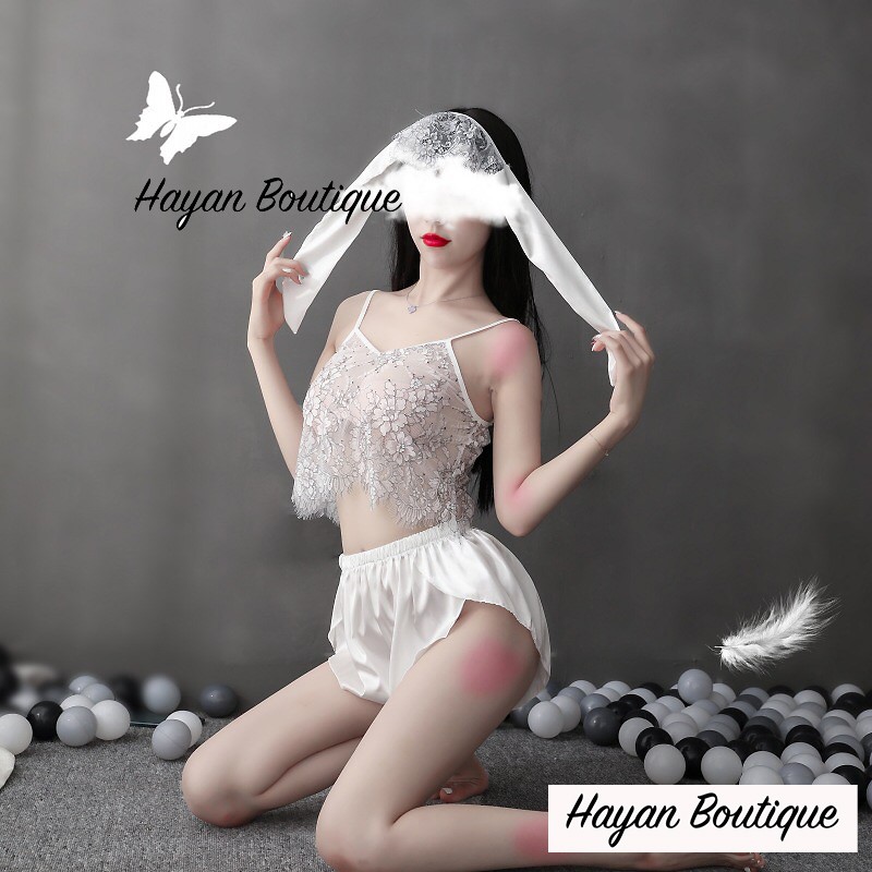 Bộ ngủ hai dây sexy hoạ tiết hoa trắng QUẢNG CHÂU #HT71