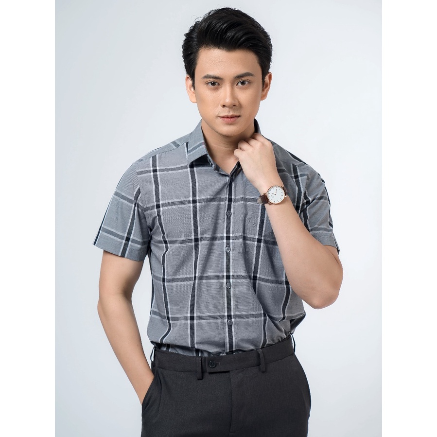Áo sơ mi owen ngắn tay màu đen trắng caro body fit vạt ngang vải sợi sen BA220078NT