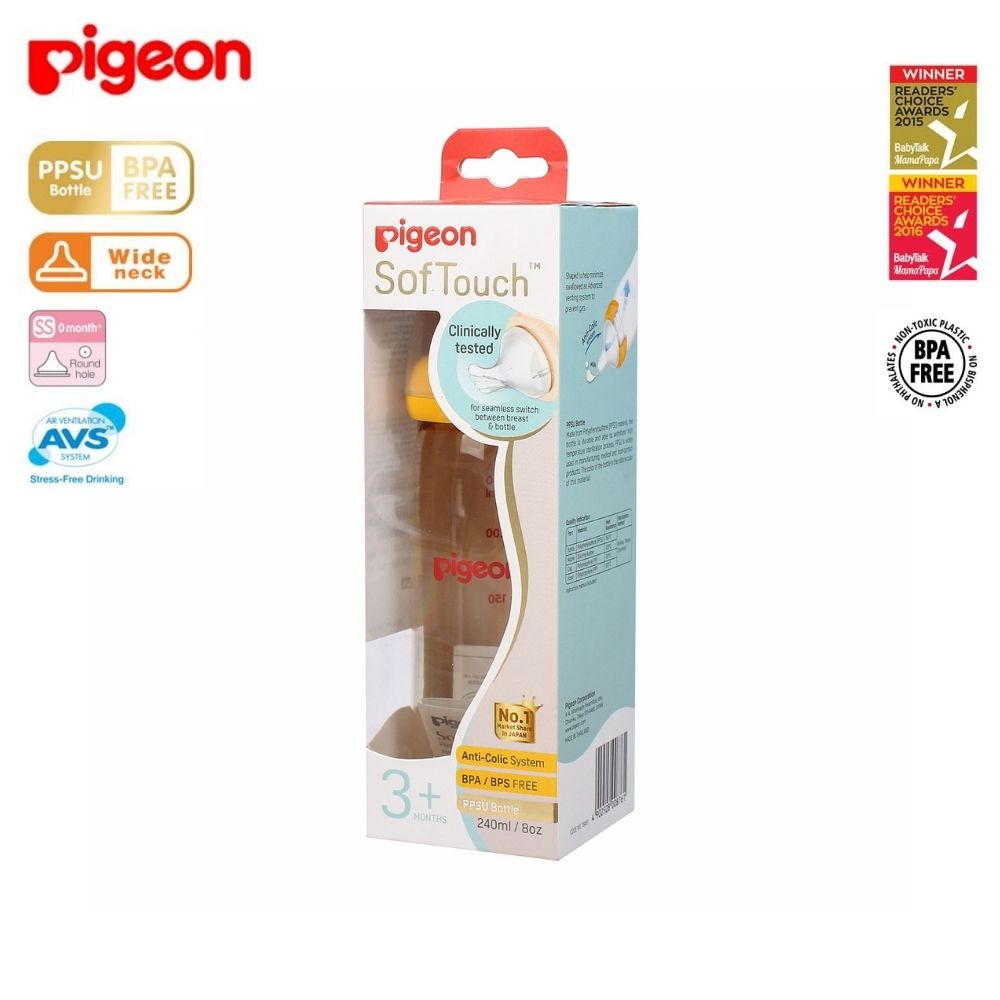 Bình sữa Pigeon Softouch 160ml / 240ml cổ rộng PPSU núm silicone siêu mềm ( PHIÊN BẢN MỚI )