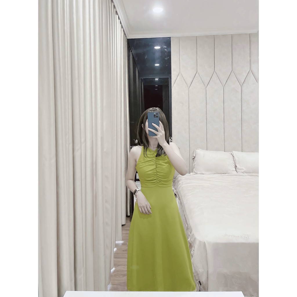 ⚡ Đầm xòe cổ yếm 2 màu xanh và be | BigBuy360 - bigbuy360.vn