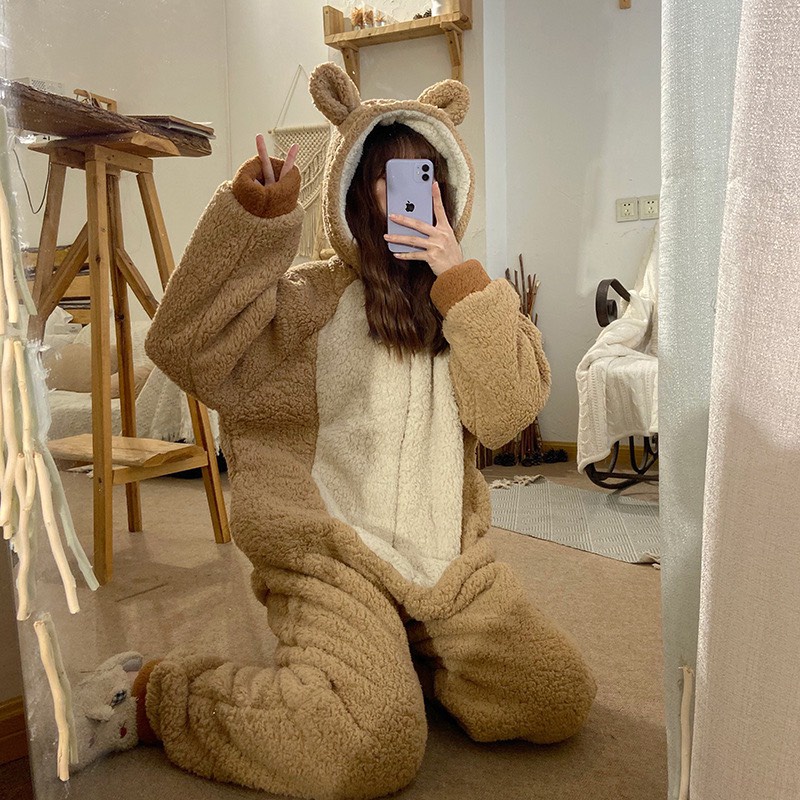 Bộ Lông Gấu Nâu Khéo Khóa Siêu Xinh - Bộ Quần Áo Liền Mũ Tai Gấu Unisex Hot Hit THỜI TRANG 1989