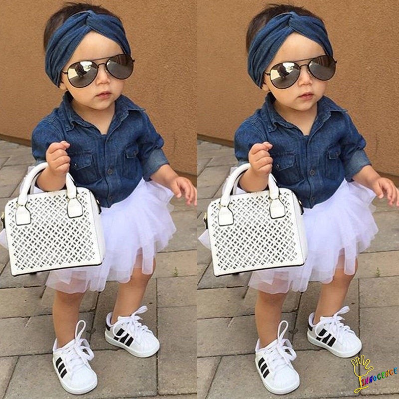 ❤XZQ-Casual Kids Baby Girls Denim Tops Shirt+Tutu Skirts Cake Dress 3pcs Outfits Set