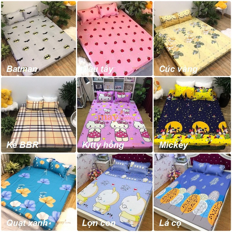 (Full mẫu) Bộ Ga Drap Bọc Nệm Kèm 2 Vỏ Áo Gối Poly Cotton (Chat chọn mẫu)