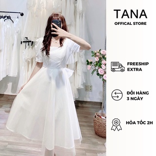 Đầm dự tiệc TANA D0260 đầm trắng cổ vuông tay phồng hở lưng mặc đi tiệc cưới, mặc đi bàn lễ cưới, chụp hình