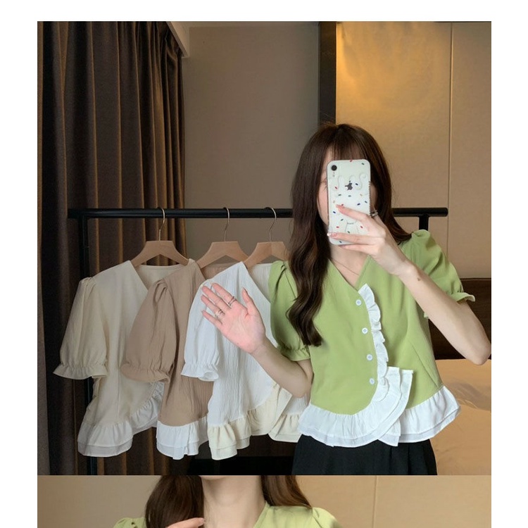 Áo Kiểu Tay Phồng Cổ Chữ V Thời Trang Mùa Hè Xinh Xắn Cho Nữ