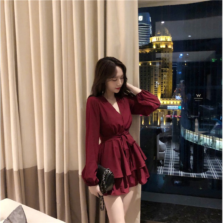 Xiaozhainv Đầm dáng chữ A tay dài cổ chữ V quyến rũ cho phái nữ | BigBuy360 - bigbuy360.vn