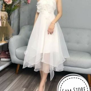 Đầm dự tiệc Voan chéo vai phối hoa