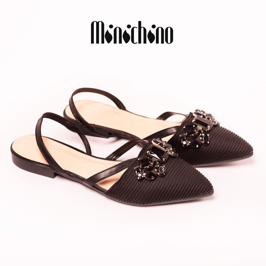 Giày sandal nữ đế bằng MINICHINO giày búp bê nữ khóa đá mũi nhọn hở gót phối dây màu đen TC049