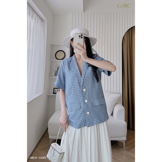 Áo blazer kẻ tay cộc basic cổ V dáng dứng Calie AB018