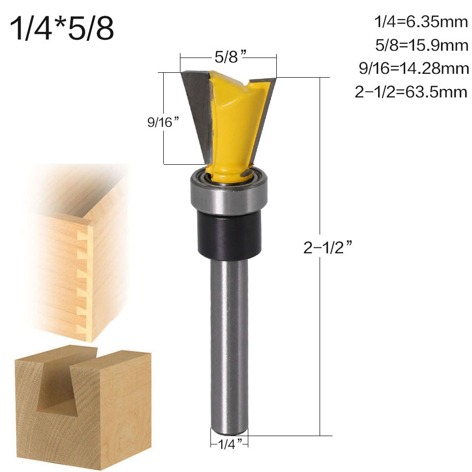 Bộ 2 Mũi phay gỗ, mũi soi thẳng bi cắt mộng dạng đuôi yến