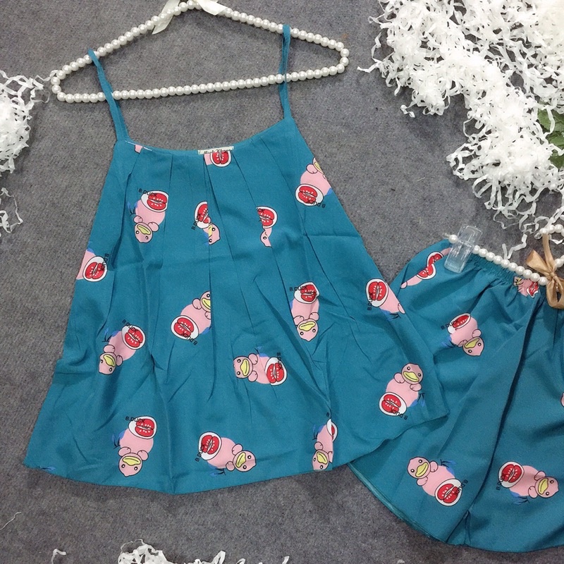 Đồ bộ đùi 2 dây mặc nhà vải lụa hàn xếp ly để
