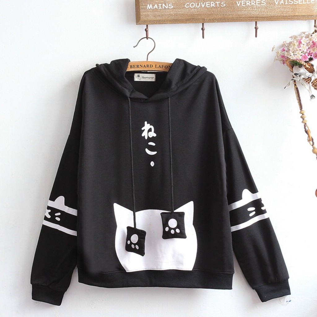 Áo hoodie form rộng nam nữ thời trang dấu chân mèo đơn giản trắng đen