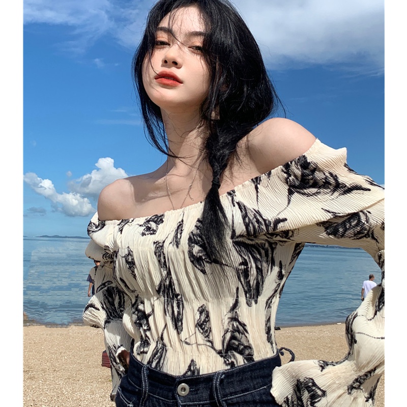 Áo Kiểu Trễ Vai Dáng Ngắn In Họa Tiết Thời Trang Mùa Thu Quyến Rũ Cho Nữ