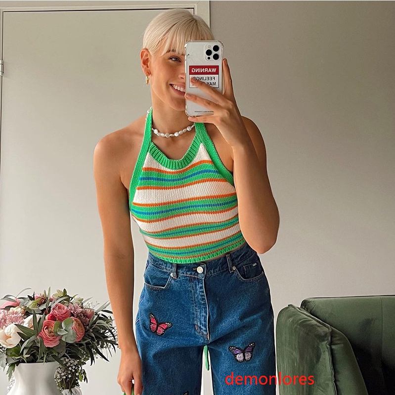 Áo croptop không tay hở lưng họa tiết kẻ sọc gợi cảm dành cho nữ