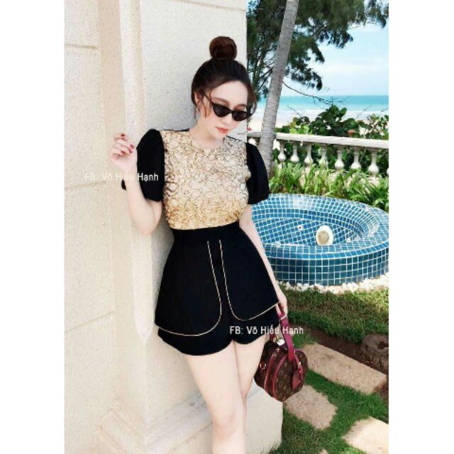 (KÈM ẢNH THẬT)Jumpsuit sort tay ngắn phối ren nhũ sang chảnh