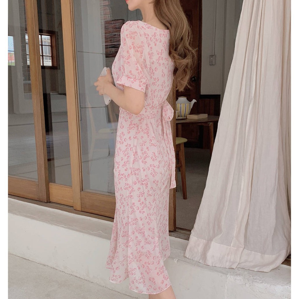 Đầm Voan Hoa Cổ Vuông Thắt Dây Thời Trang Mùa Hè Hàn Quốc Mới 44662