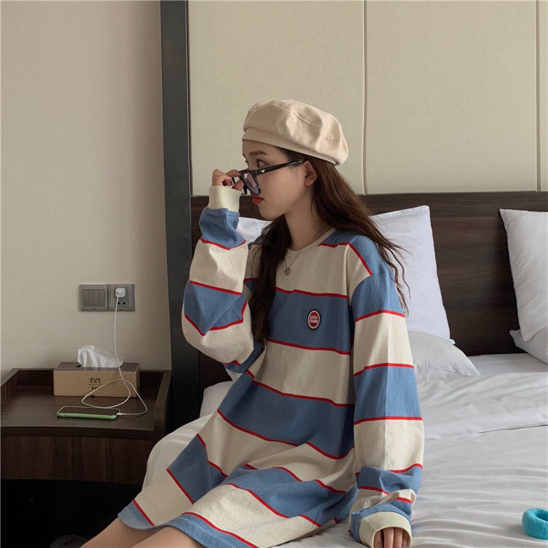 Korean Fashion Horizontal Striped Patterns Women's Long Sleeve T-shirt