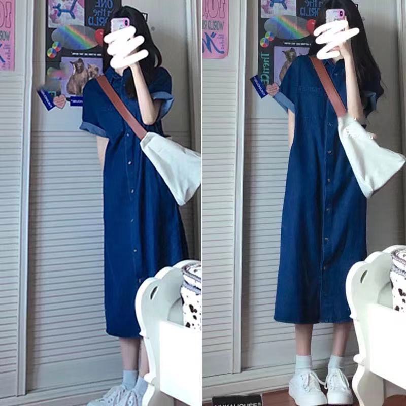 Váy denim xuông dài form sơ mi đơn giản tay ngắn thời trang Hàn Quốc mới nhất 2023