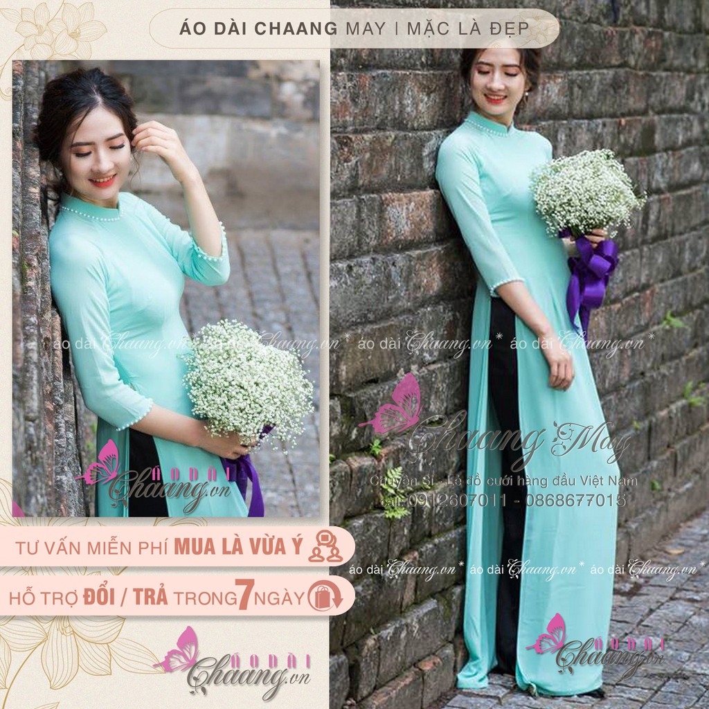 Áo dài màu xanh ngọc Chaang may sẵn vải áo dài lụa truyền thống đính hạt kèm quần