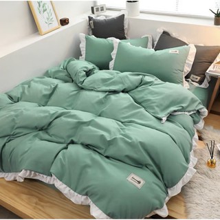 Bộ Chăn Ga Gối Cotton Hoạt Tính Viền Bèo Màu Xanh Ngọc