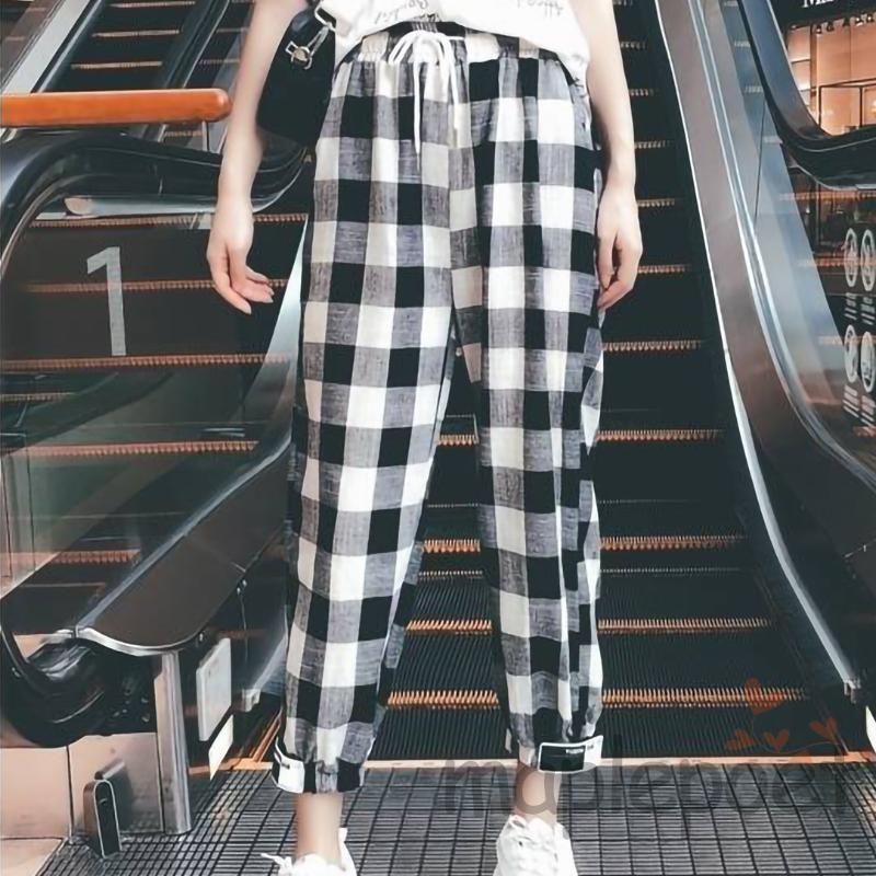 MAP-Female Trousers, Women’ s Plaid High Waist Long Harem Pants with Drawstring for Spring Summer, S/M/L/XL/XXL