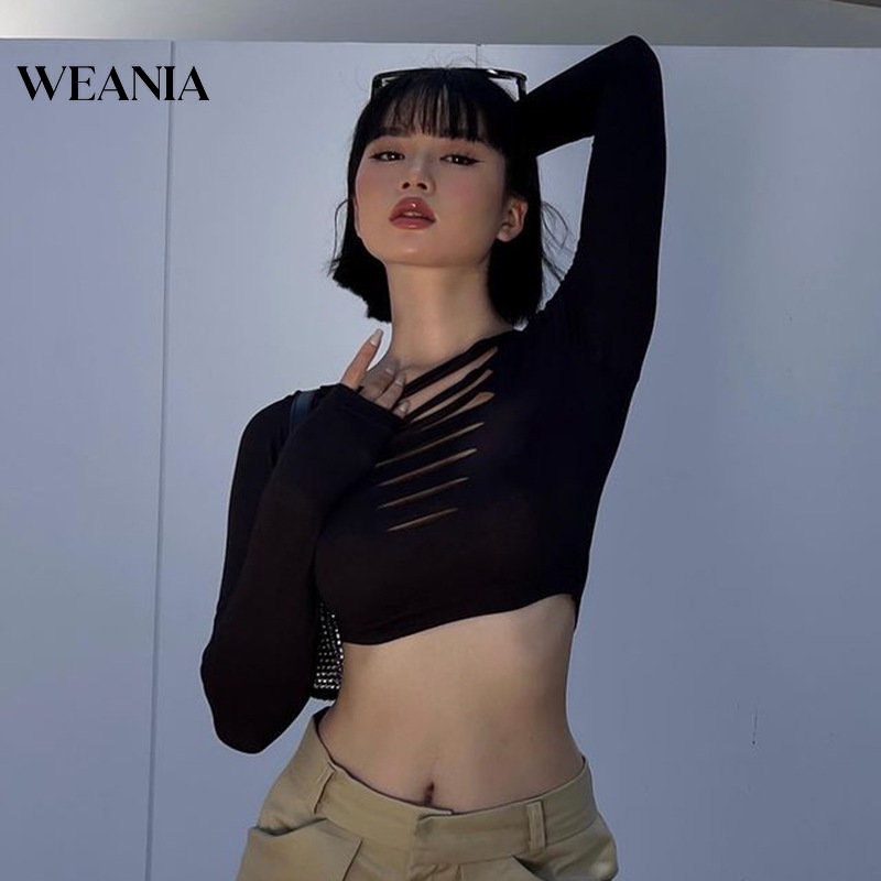 Áo Croptop Tay Dài Màu Trơn Thiết Kế Khoét Quyến Rũ