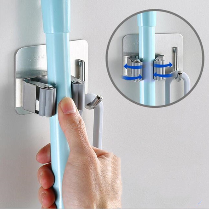 Móc treo cây lau nhà, kẹp chổi Inox 304 kèm móc treo đồ, không khoan tường