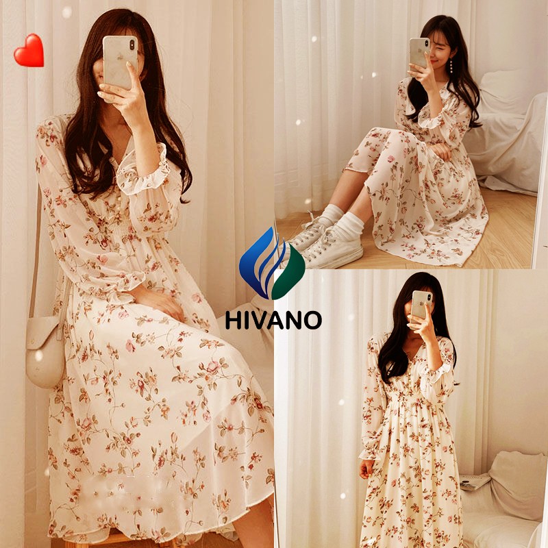 Váy trắng vintage hoa nhí babydoll dáng dài cổ tim cúc ngọc , Đầm thiết kế tay dài kiểu maxi