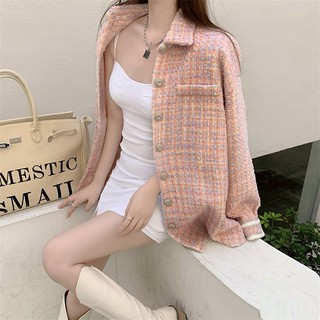Áo khoác tweed hồng dáng sơ mi dài trẻ trung (có hình thật)