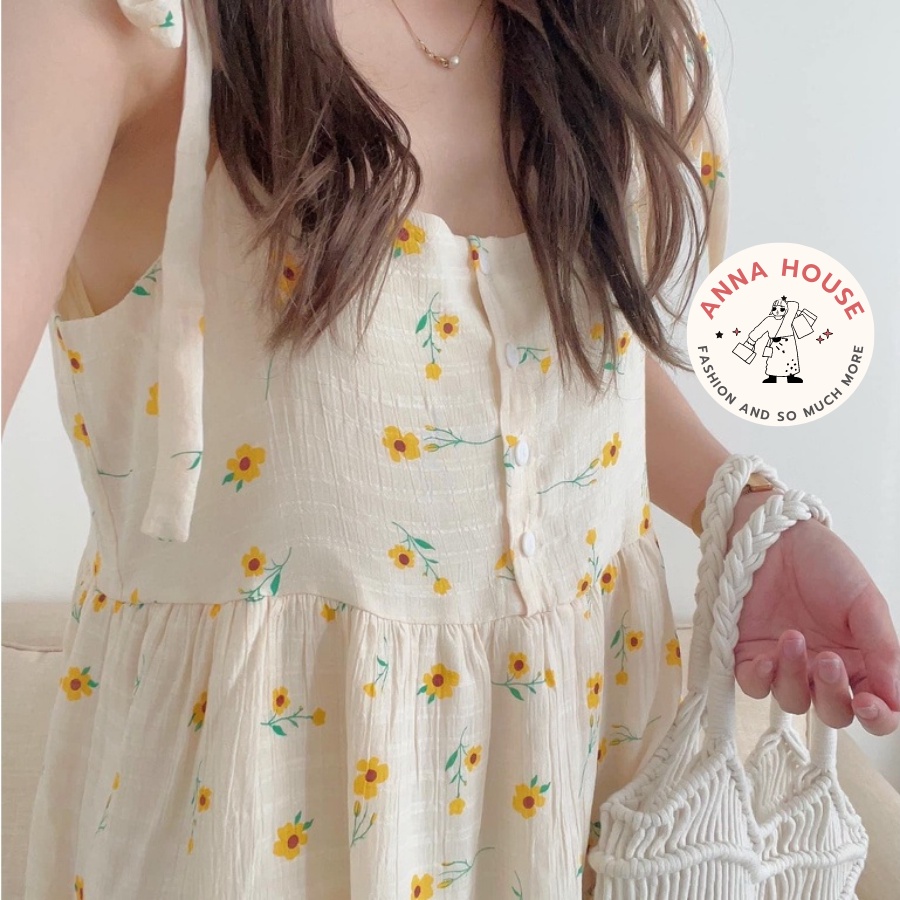Đầm maxi hai dây dáng dài rộng buộc nơ vai hoa daisy vàng be babydoll, Váy suông maxi 2 dây hoa cúc nhí xòe dài đi biển