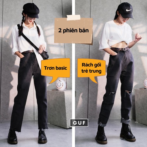 Quần Baggy Jean Nữ (Có Cả Bản Trơn Và Rách Gối) Cạp Cao Màu Đen Xám Khói Ôm Eo, Che Khuyết Điểm Thương Hiệu GUF