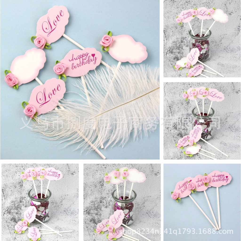 Trang trí bánh sinh nhật bánh kem - Mẫu thẻ giấy mới nhất 2022 set 3 thẻ cắm mây hoa hồng love
