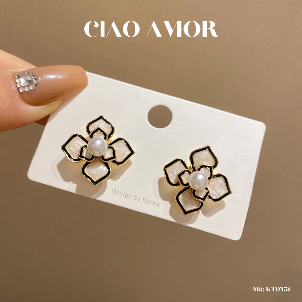 KT0451-Khuyên tai nữ, Bông tai nữ bạc 925 hoa cúc 4 cánh viền đen sang trọng đi tiệc Trang sức Ciao Amor
