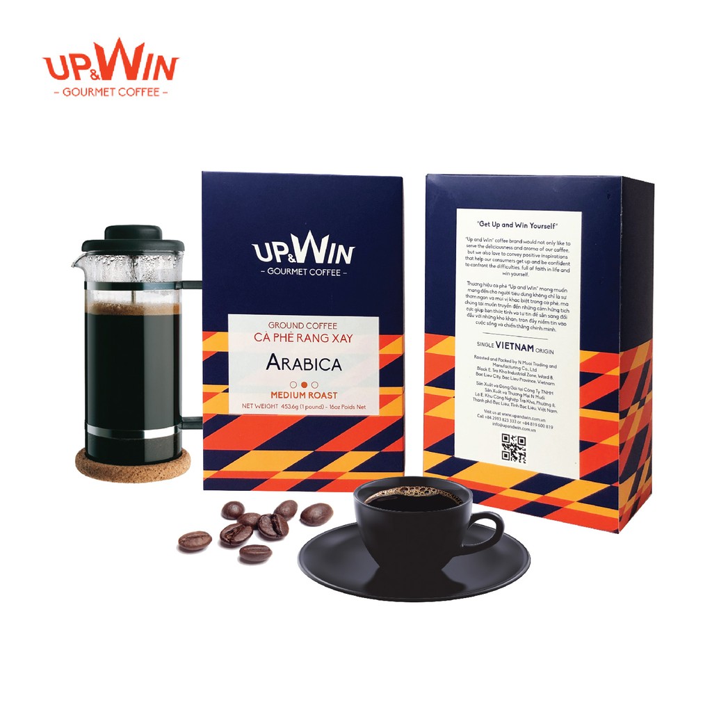 Cà phê rang xay UP AND WIN cafe Arabica dòng dark roast hộp 453.6 gram