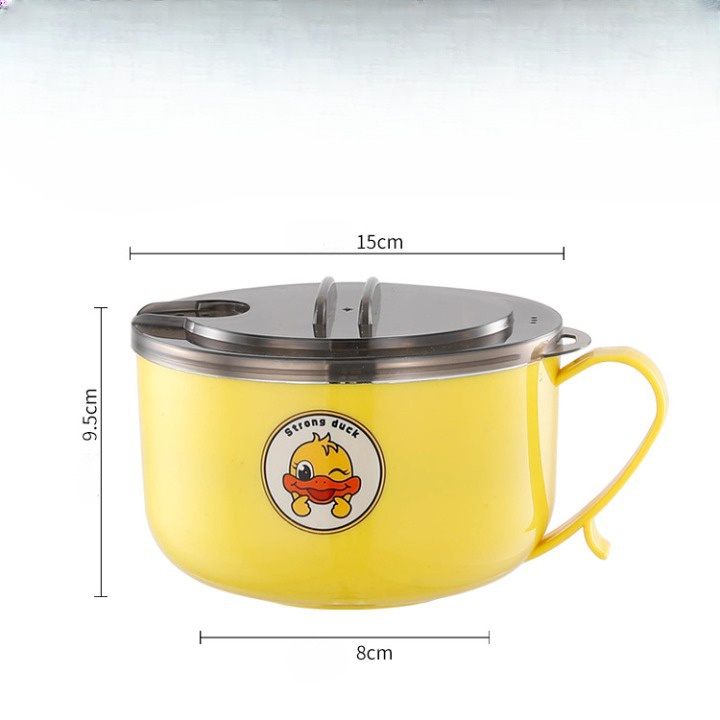 Bát ăn mì inox giữ nhiệt có nắp đậy 1 lít vịt vàng cute, Ca tô đựng cháo mì đa năng tiện lợi