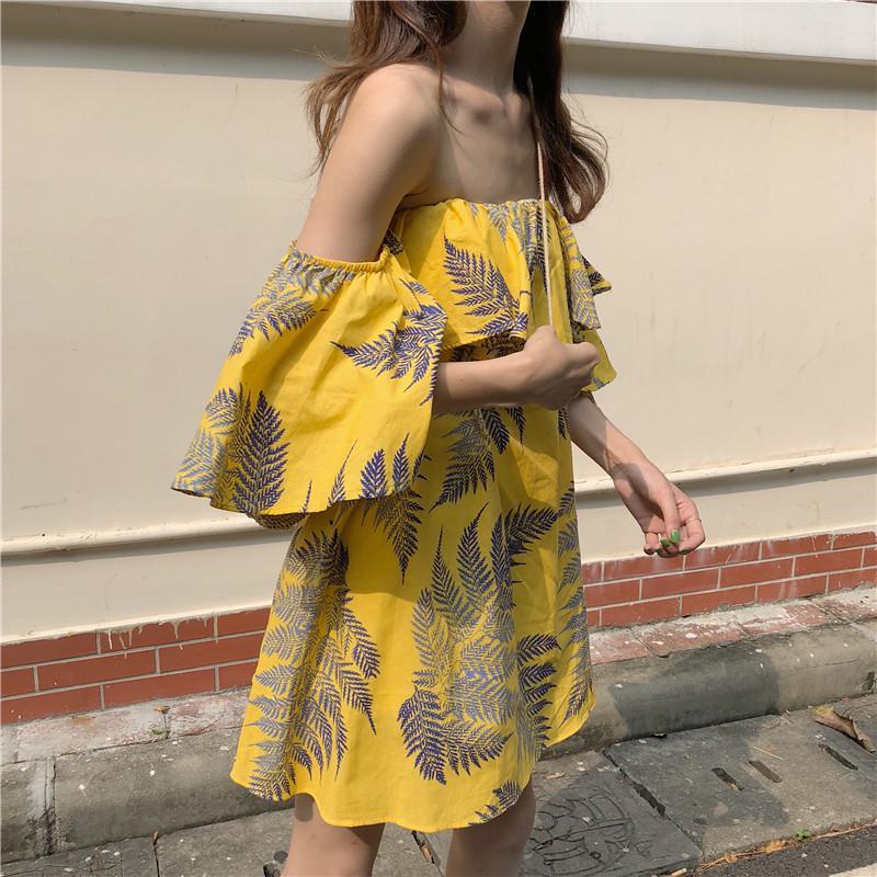 IELGY Đầm Hở Vai Cổ Lá Sen Phong Cách Hàn Quốc Ngọt Ngào Cho Nữ