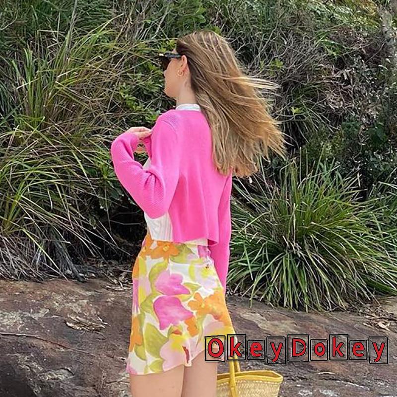 y2k Chân váy chữ A lưng cao in họa tiết hoa phong cách cổ điển thời trang cho nữ