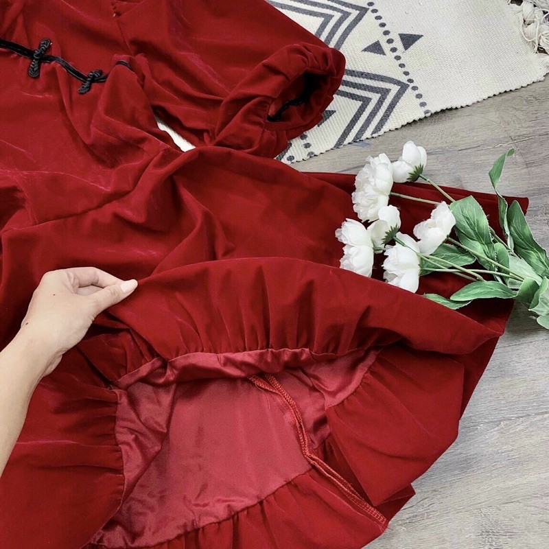 (Ảnh thật váy Noel/Tết) Đầm ulzzang nhung đỏ cổ tàu trung hoa tay bồng 2 lớp mềm mịn dày dặn | BigBuy360 - bigbuy360.vn