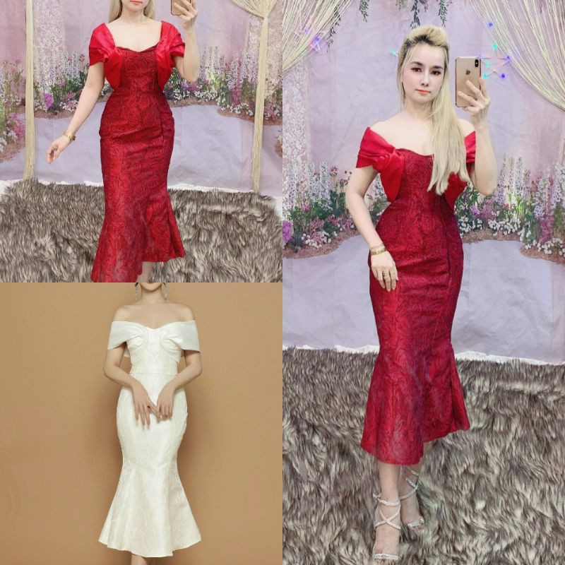 đầm body đuôi cá bet vai dư tiêc kèm anh thât đỏ