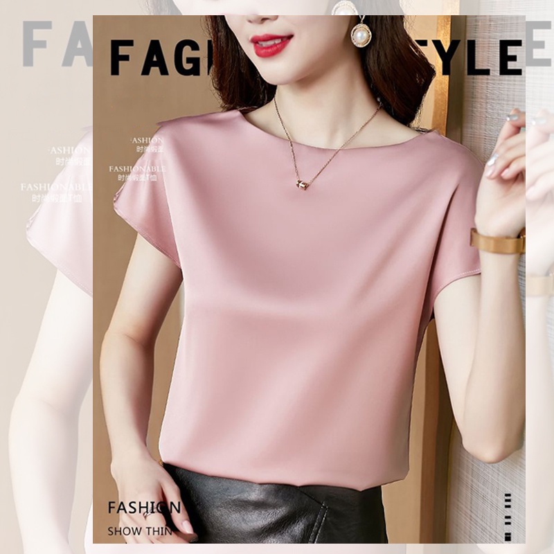 Áo Sơ Mi Tay Ngắn Cổ Tròn Bằng Lụa Satin 6 Màu Thời Trang Mùa Hè Cho Nữ