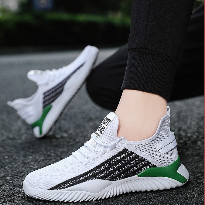 Giày thể thao nam giày sneaker nam W61 dệt sợi cao cấp êm chân thoáng khí phối màu đen trắng nổi bật
